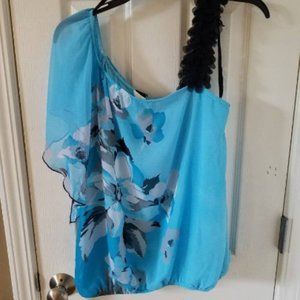 Blue Black Floral Blouse ruffle strap flowy